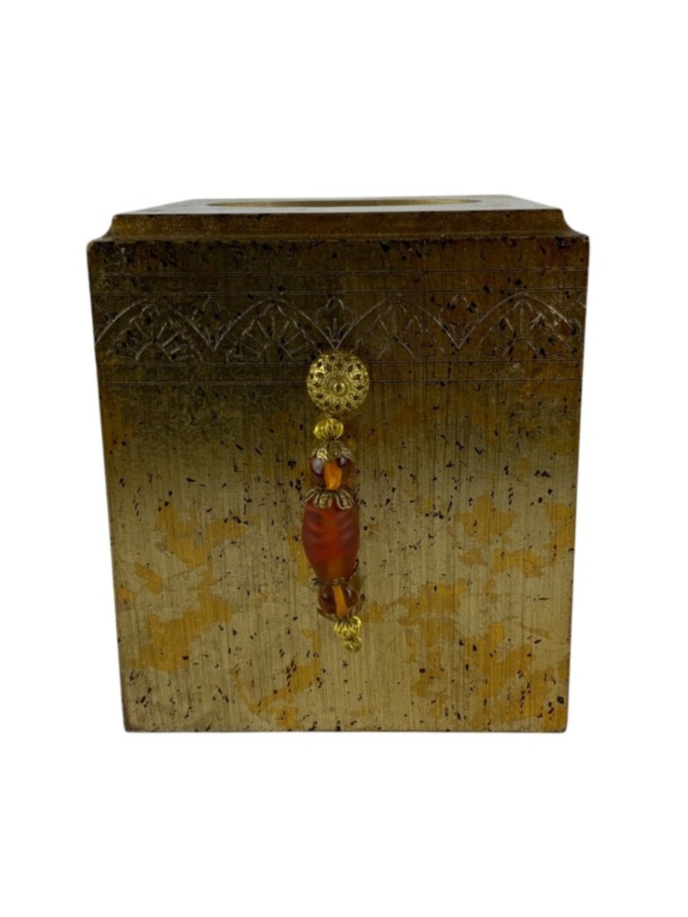 Gold Gilded Wooden Tissue Box Cover With Ornate Beaded Accent Square Design